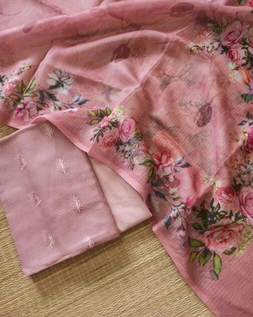 Light Pink Pure Banarasi Mercerised Kota Check Suit