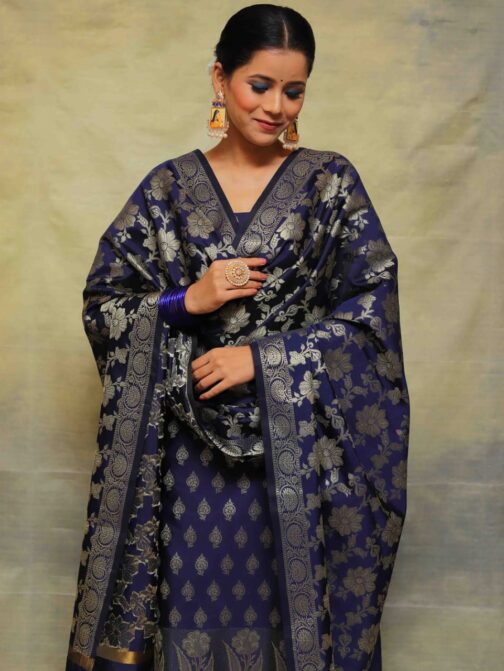 Royal Blue Banarasi Katan Suit - Image 2