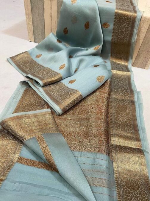 light Sky Blue Banarasi Kora Organza Silk Sarees