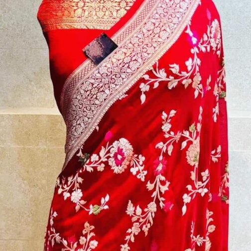 Pure Khaddi Chiffon Red Banarasi Sarees With Goldan Zari