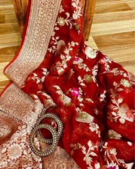 Pure Khaddi Chiffon Red Banarasi Sarees With Goldan Zari