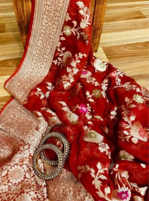 Pure Khaddi Chiffon Red Banarasi Sarees With Goldan Zari - Image 2