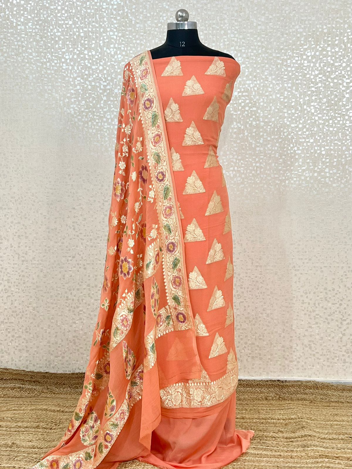 Orange Banarasi chiffon Silk handloom Suit