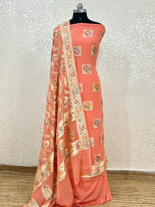 Orange Banarasi chiffon Silk handloom Suit