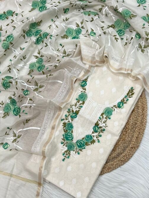 Banarasi Pure Cotton Off White Silk Suit - Image 2