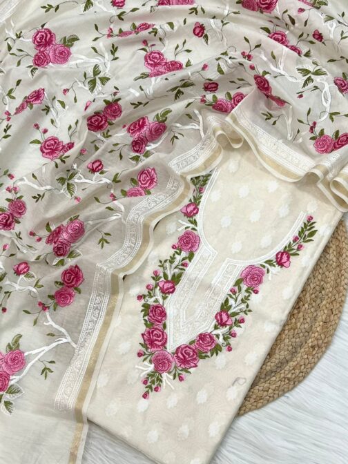 Banarasi Pure Cotton Off White Silk Suit - Image 3