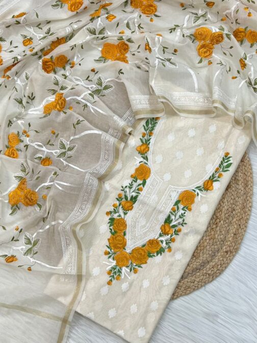 Banarasi Pure Cotton Off White Silk Suit - Image 3