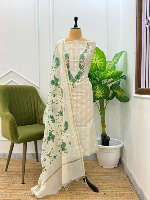 Banarasi Pure Cotton Off White Silk Suit