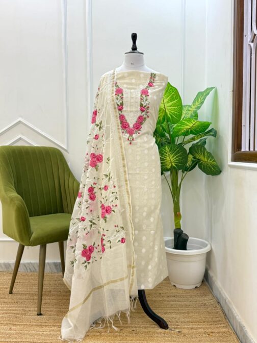 Banarasi Pure Cotton Off White Silk Suit