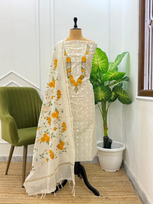 Banarasi Pure Cotton Off White Silk Suit