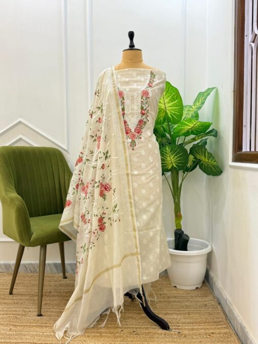 Banarasi Pure Cotton Off White Silk Suit